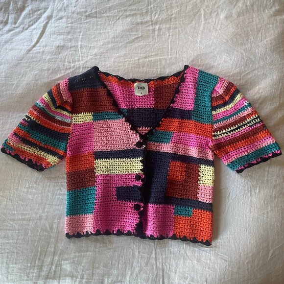 🌻 TACH Tini Colorful Boho Crochet Cropped Cardigan Size Small - Picture 6 of 9